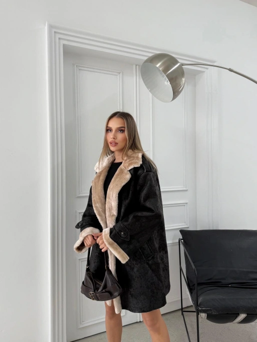 KRUVAZE YAKA İÇ KÜRK UZUN LAMİNE MONT YAKA KAHVE