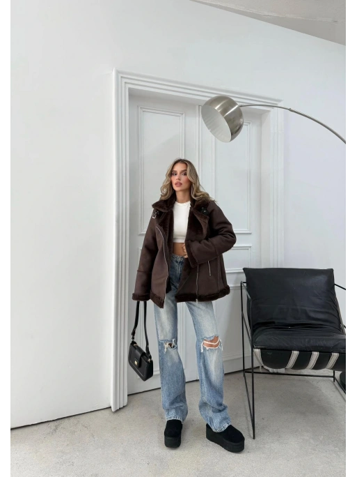 KRUVAZE YAKA KEMER DETAY İÇ KÜRK OVERSİZE LAMİNE MONT KAHVE 3165