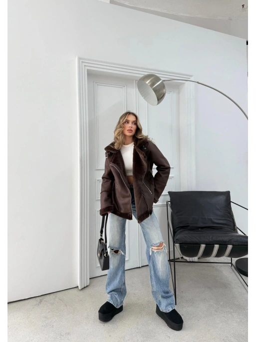 KRUVAZE YAKA KEMER DETAY İÇ KÜRK OVERSİZE LAMİNE MONT KAHVE 3165