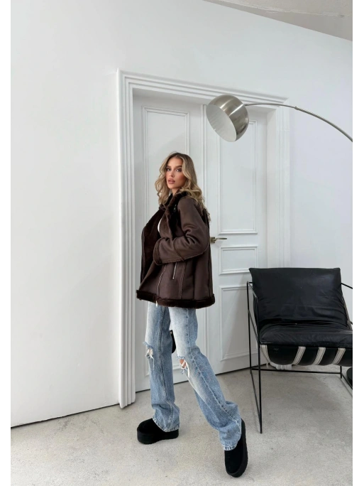 KRUVAZE YAKA KEMER DETAY İÇ KÜRK OVERSİZE LAMİNE MONT KAHVE 3165