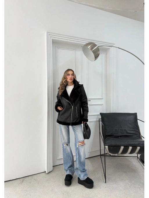 KRUVAZE YAKA KEMER DETAY İÇ KÜRK OVERSİZE LAMİNE MONT SİYAH 3165