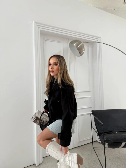 KRUVAZE YAKA KOL KEMER DETAY İÇ ASTARLI KAŞE KABAN SİYAH 2030