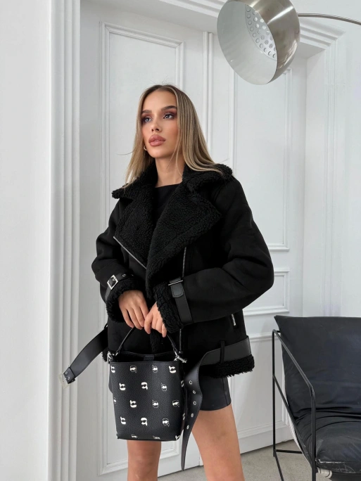 KRUVAZE YAKA KOL VE BEL KEMER DETAY İÇ KÜRKLÜ LAMİNE MONT SİYAH 3162