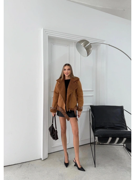 KRUVAZE YAKA KOL VE BEL KEMER DETAY İÇ KÜRKLÜ LAMİNE MONT TABA 3162