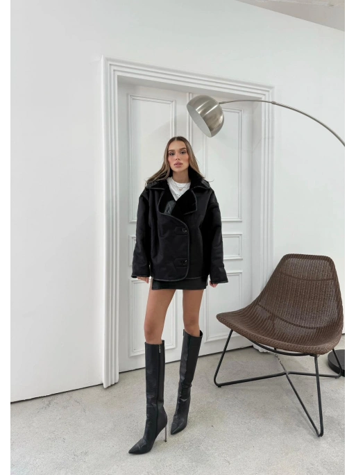 KRUVAZE YAKA LAMİNE İÇ KÜRK MONT SİYAH