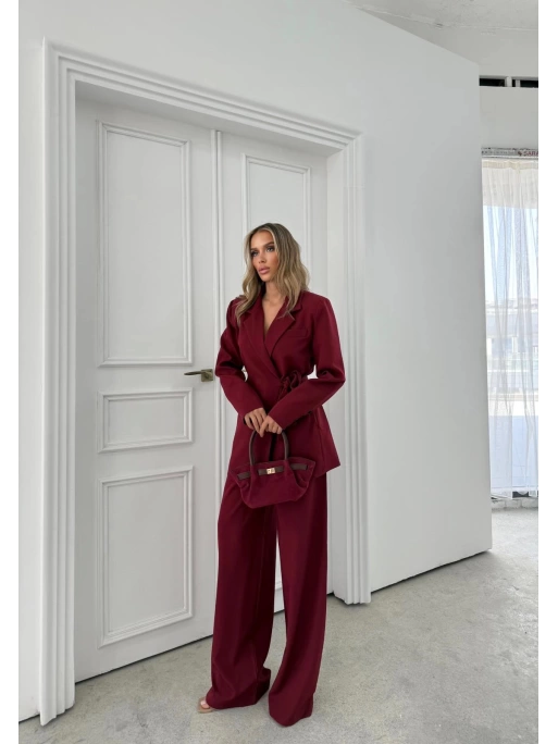 KRUVAZE YAKA YAN BAĞLAMA DETAY BLAZER CEKET VE PANTOLONLU İKİLİ TAKIM BORDO