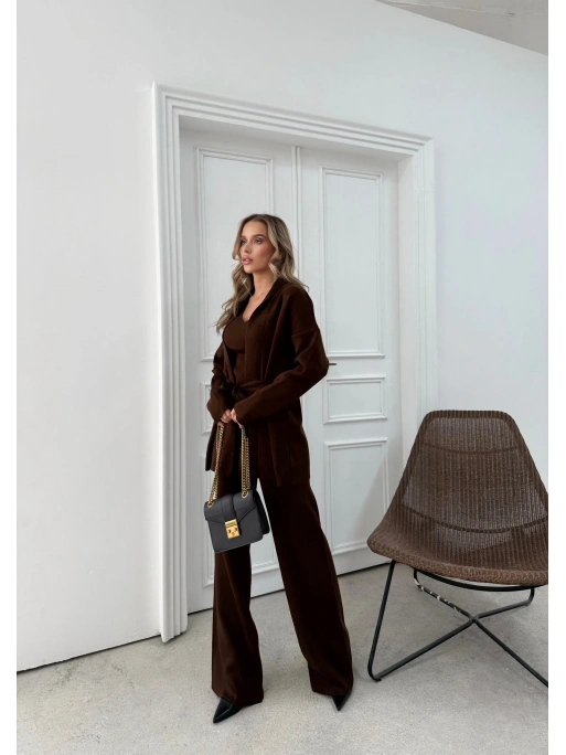 KUŞAKLI HIRKA ATLET VE PANTOLONLU ÜÇLÜ TRİKO TAKIM KAHVE