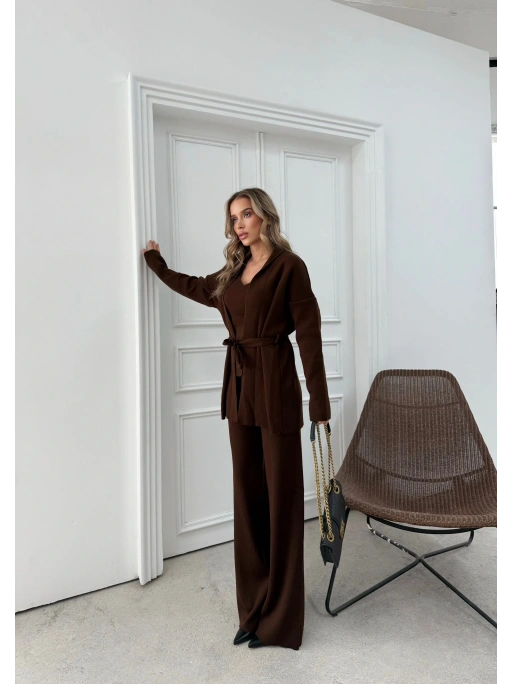 KUŞAKLI HIRKA ATLET VE PANTOLONLU ÜÇLÜ TRİKO TAKIM KAHVE