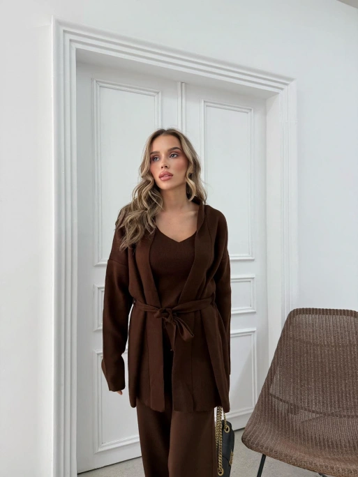 KUŞAKLI HIRKA ATLET VE PANTOLONLU ÜÇLÜ TRİKO TAKIM KAHVE