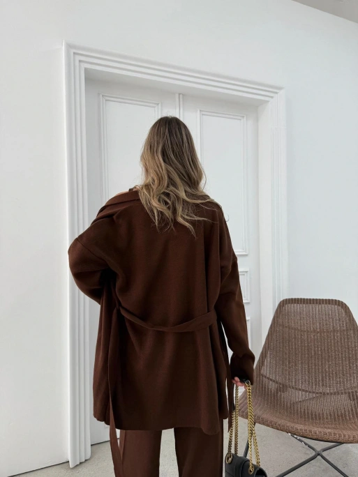 KUŞAKLI HIRKA ATLET VE PANTOLONLU ÜÇLÜ TRİKO TAKIM KAHVE