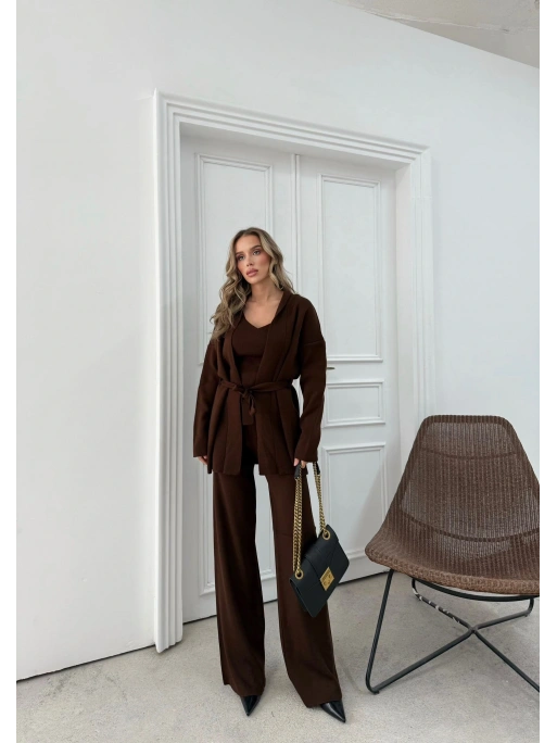 KUŞAKLI HIRKA ATLET VE PANTOLONLU ÜÇLÜ TRİKO TAKIM KAHVE