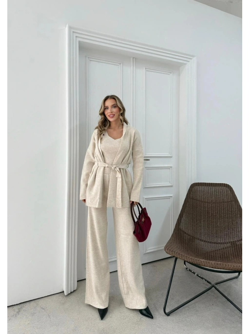 KUŞAKLI HIRKA ATLET VE PANTOLONLU ÜÇLÜ TRİKO TAKIM KREM