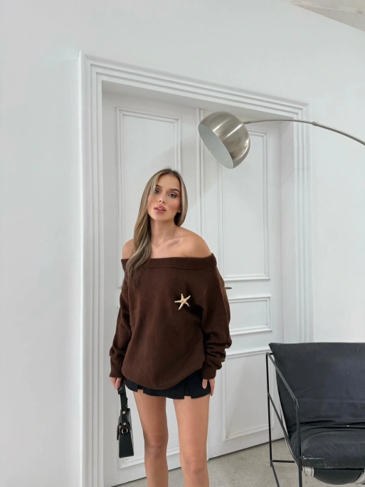 MADONNA YAKA AKSESUAR DETAY OVERSİZE KAZAK KAHVE