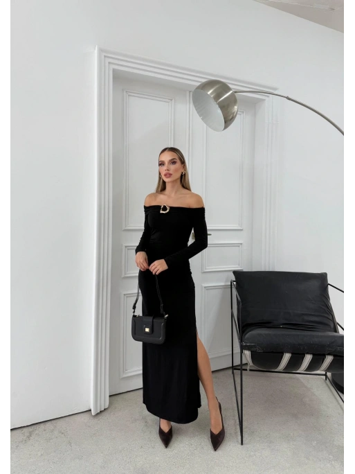 MADONNA YAKA AKSESUAR DETAY UZUN SANDY ELBİSE SİYAH