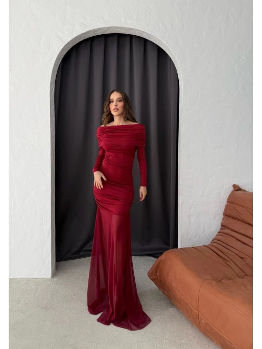 MADONNA YAKA ALTI TÜL DETAY UZUN ELBİSE BORDO