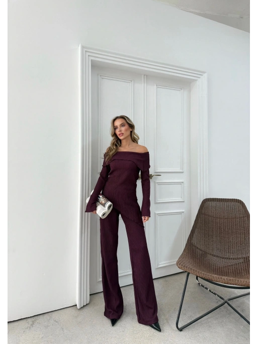 MADONNA YAKA ASİMETRİK DETAY BLUZ VE PANTOLONLU SELANİK KUMAŞ İKİLİ TAKIM MÜRDÜM