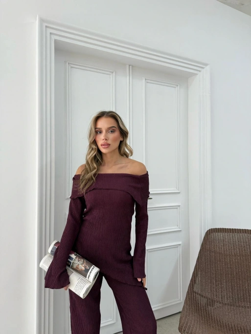 MADONNA YAKA ASİMETRİK DETAY BLUZ VE PANTOLONLU SELANİK KUMAŞ İKİLİ TAKIM MÜRDÜM