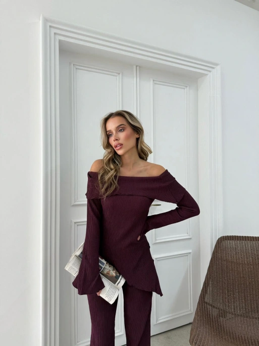 MADONNA YAKA ASİMETRİK DETAY BLUZ VE PANTOLONLU SELANİK KUMAŞ İKİLİ TAKIM MÜRDÜM