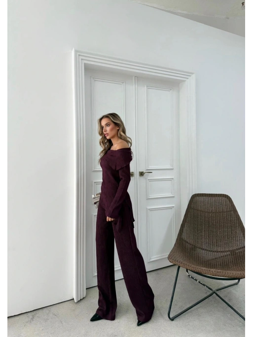 MADONNA YAKA ASİMETRİK DETAY BLUZ VE PANTOLONLU SELANİK KUMAŞ İKİLİ TAKIM MÜRDÜM