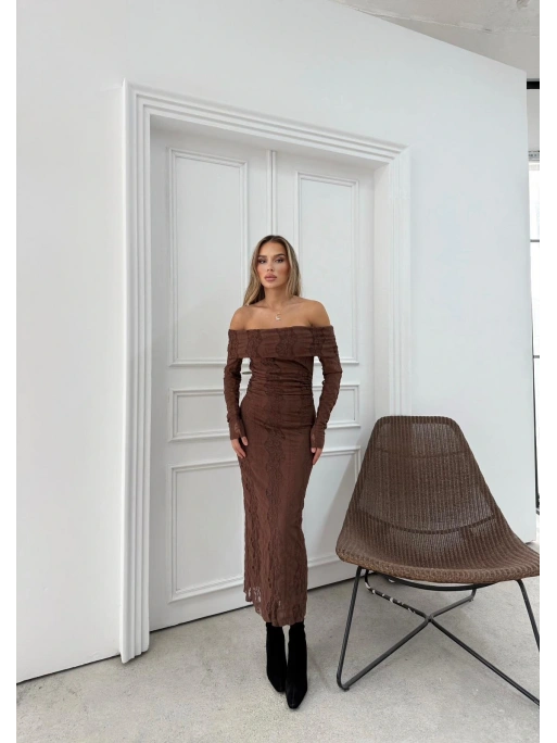 MADONNA YAKA DANTEL DETAY İÇ ASTARLI ELBİSE KAHVE