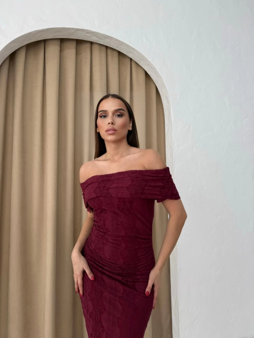 MADONNA YAKA DANTEL İÇ ASTARLI ELBİSE BORDO