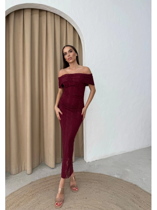 MADONNA YAKA DANTEL İÇ ASTARLI ELBİSE BORDO