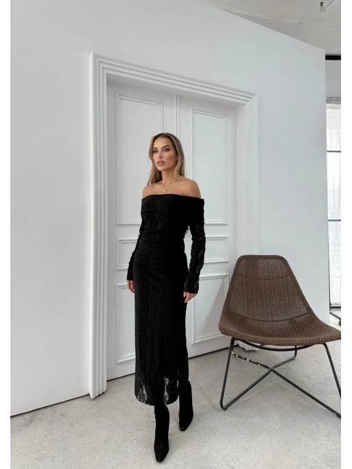 MADONNA YAKA DANTEL İÇ ASTARLI UZUN ELBİSE SİYAH