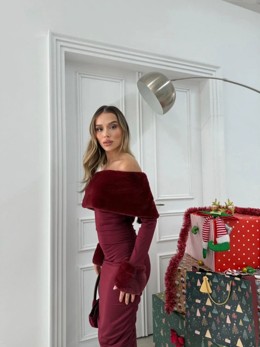 MADONNA YAKA KÜRK DETAY ELBİSE BORDO