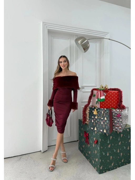 MADONNA YAKA KÜRK DETAY ELBİSE BORDO