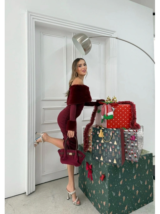 MADONNA YAKA KÜRK DETAY ELBİSE BORDO