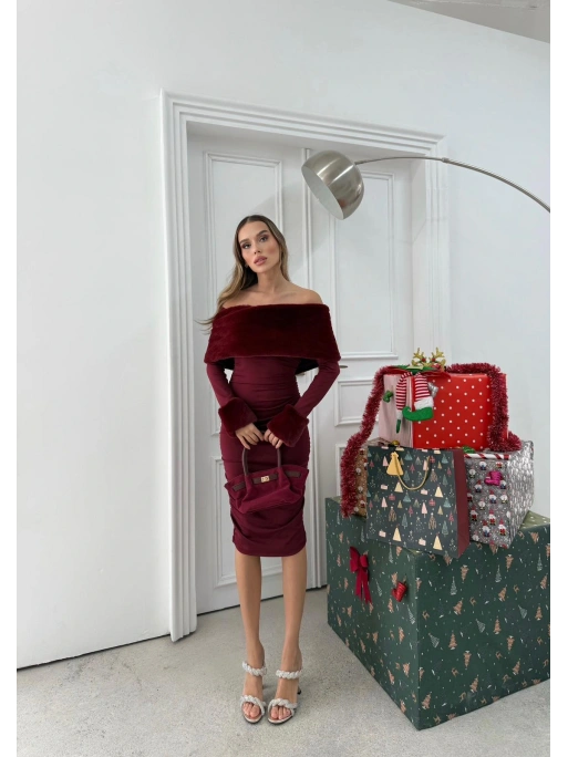 MADONNA YAKA KÜRK DETAY ELBİSE BORDO