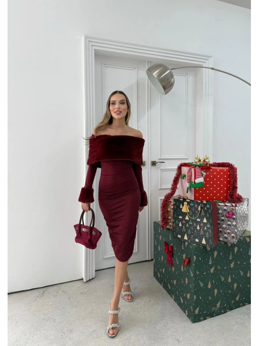 MADONNA YAKA KÜRK DETAY ELBİSE BORDO