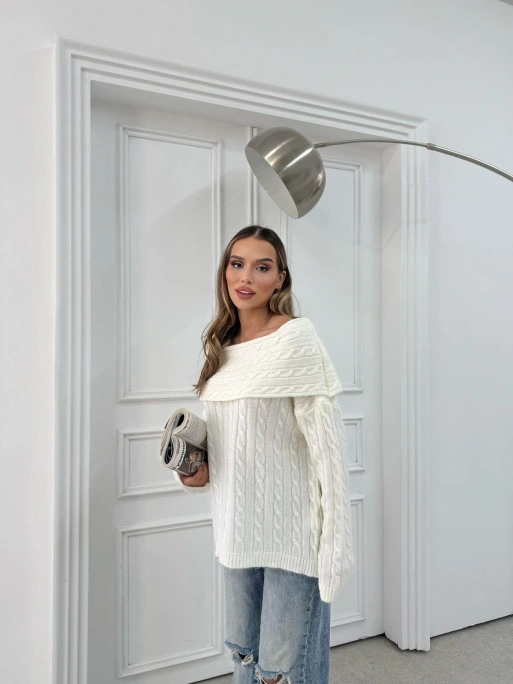 MADONNA YAKA ÖRGÜ DESENLİ KAZAK BEYAZ