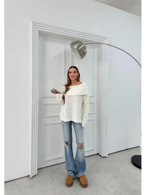 MADONNA YAKA ÖRGÜ DESENLİ KAZAK BEYAZ