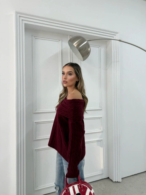 MADONNA YAKA ÖRGÜ DESENLİ KAZAK BORDO