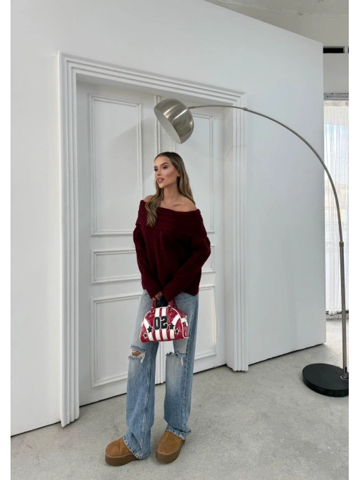 MADONNA YAKA ÖRGÜ DESENLİ KAZAK BORDO