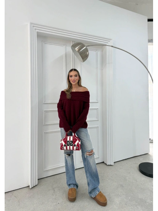 MADONNA YAKA ÖRGÜ DESENLİ KAZAK BORDO