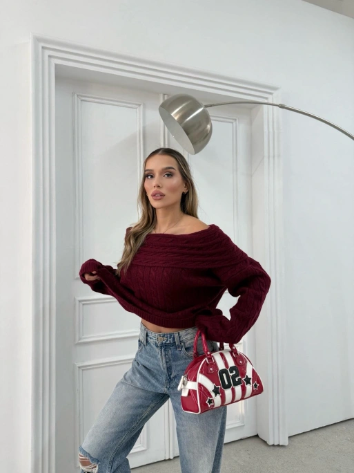 MADONNA YAKA ÖRGÜ DESENLİ KAZAK BORDO