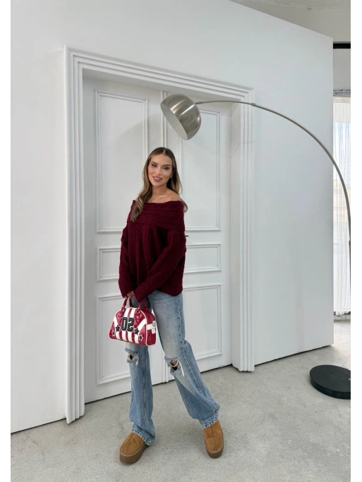 MADONNA YAKA ÖRGÜ DESENLİ KAZAK BORDO