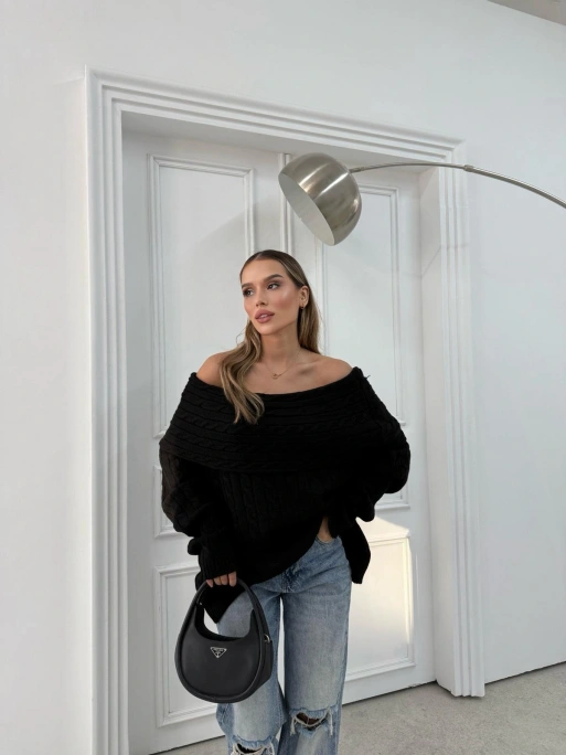 MADONNA YAKA ÖRGÜ DESENLİ KAZAK SİYAH