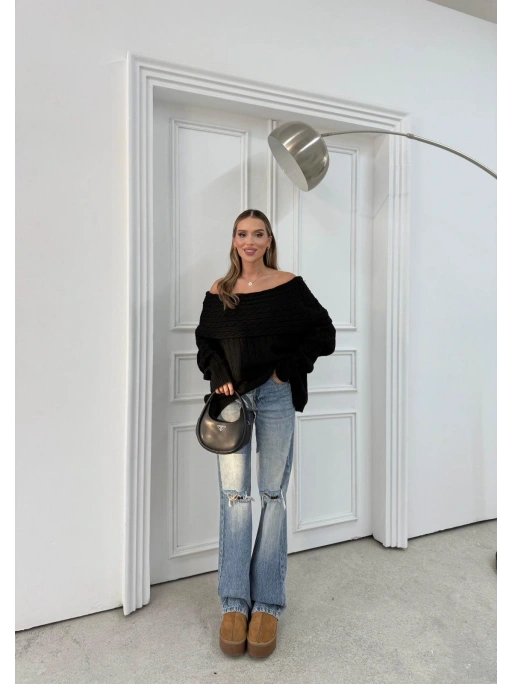 MADONNA YAKA ÖRGÜ DESENLİ KAZAK SİYAH