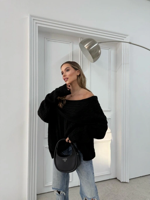 MADONNA YAKA ÖRGÜ DESENLİ KAZAK SİYAH