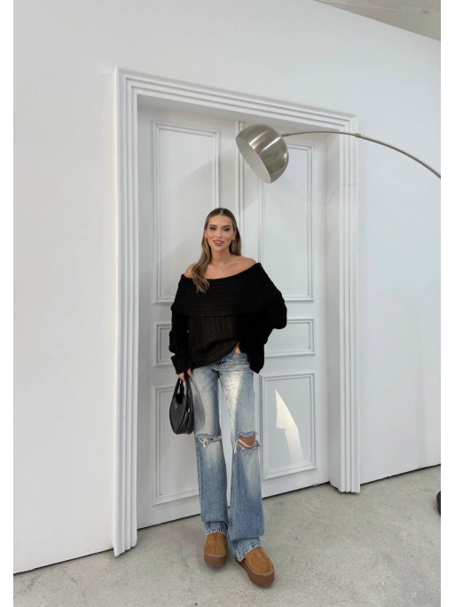 MADONNA YAKA ÖRGÜ DESENLİ KAZAK SİYAH