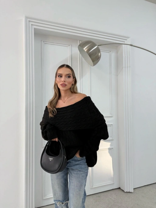 MADONNA YAKA ÖRGÜ DESENLİ KAZAK SİYAH