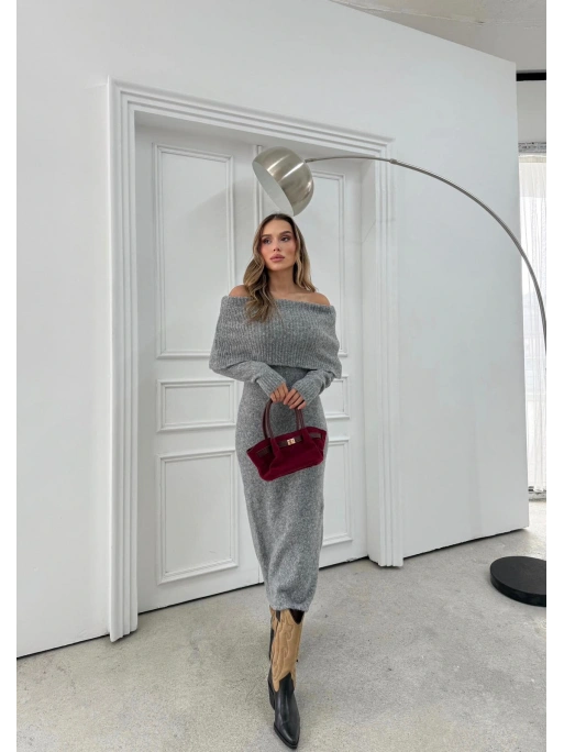 TRİKO MADONNA YAKA YUMOŞ DOKULU UZUN ELBİSE ANTRASİT