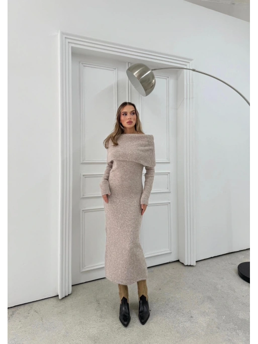 TRİKO MADONNA YAKA YUMOŞ DOKULU UZUN ELBİSE BEJ