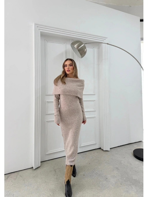 TRİKO MADONNA YAKA YUMOŞ DOKULU UZUN ELBİSE BEJ