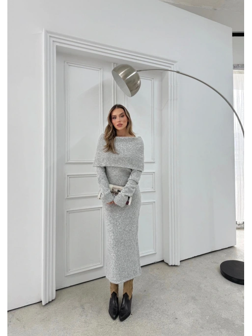 TRİKO MADONNA YAKA YUMOŞ DOKULU UZUN ELBİSE GRİ