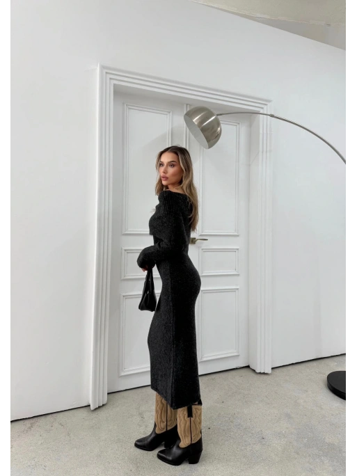 TRİKO MADONNA YAKA YUMOŞ DOKULU UZUN ELBİSE SİYAH