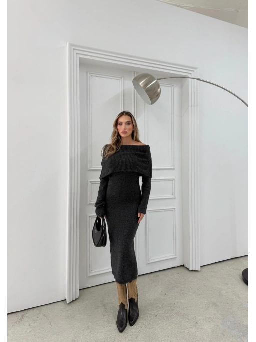 TRİKO MADONNA YAKA YUMOŞ DOKULU UZUN ELBİSE SİYAH